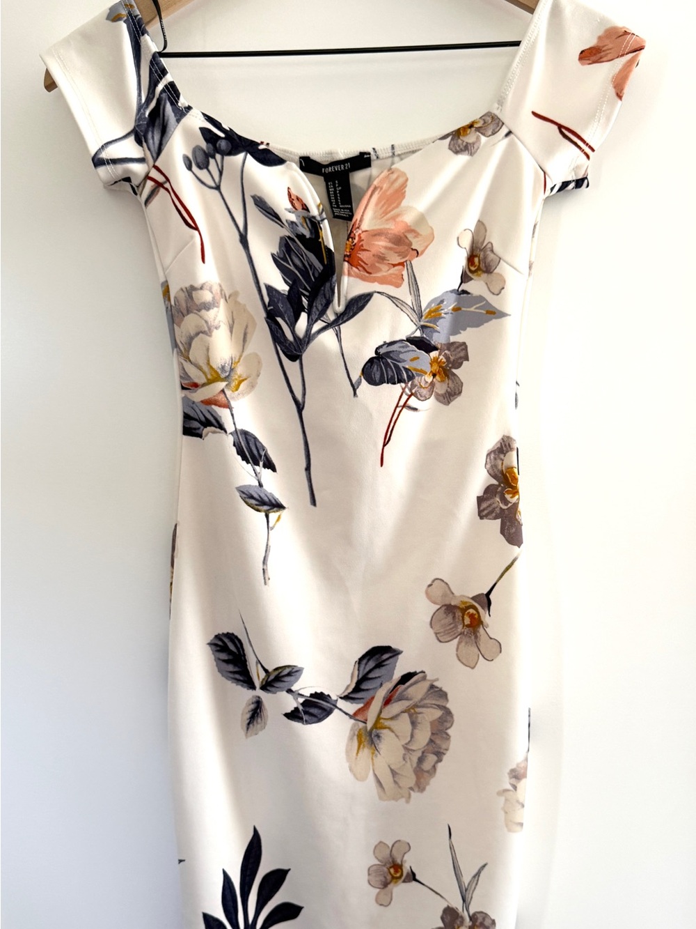 Forever 21 Floral Bodycon Midi Dress Women’s Cream Off Shoulder Stretch Dress